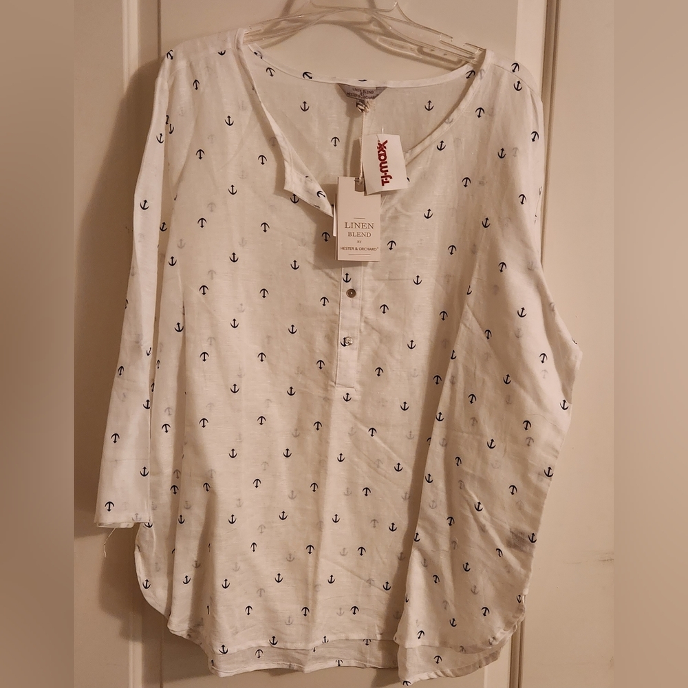 Womens linen shirt with navy blue anchors